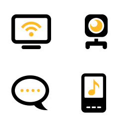 Black and gold online learning icons for wifi, webcam, chat and streaming