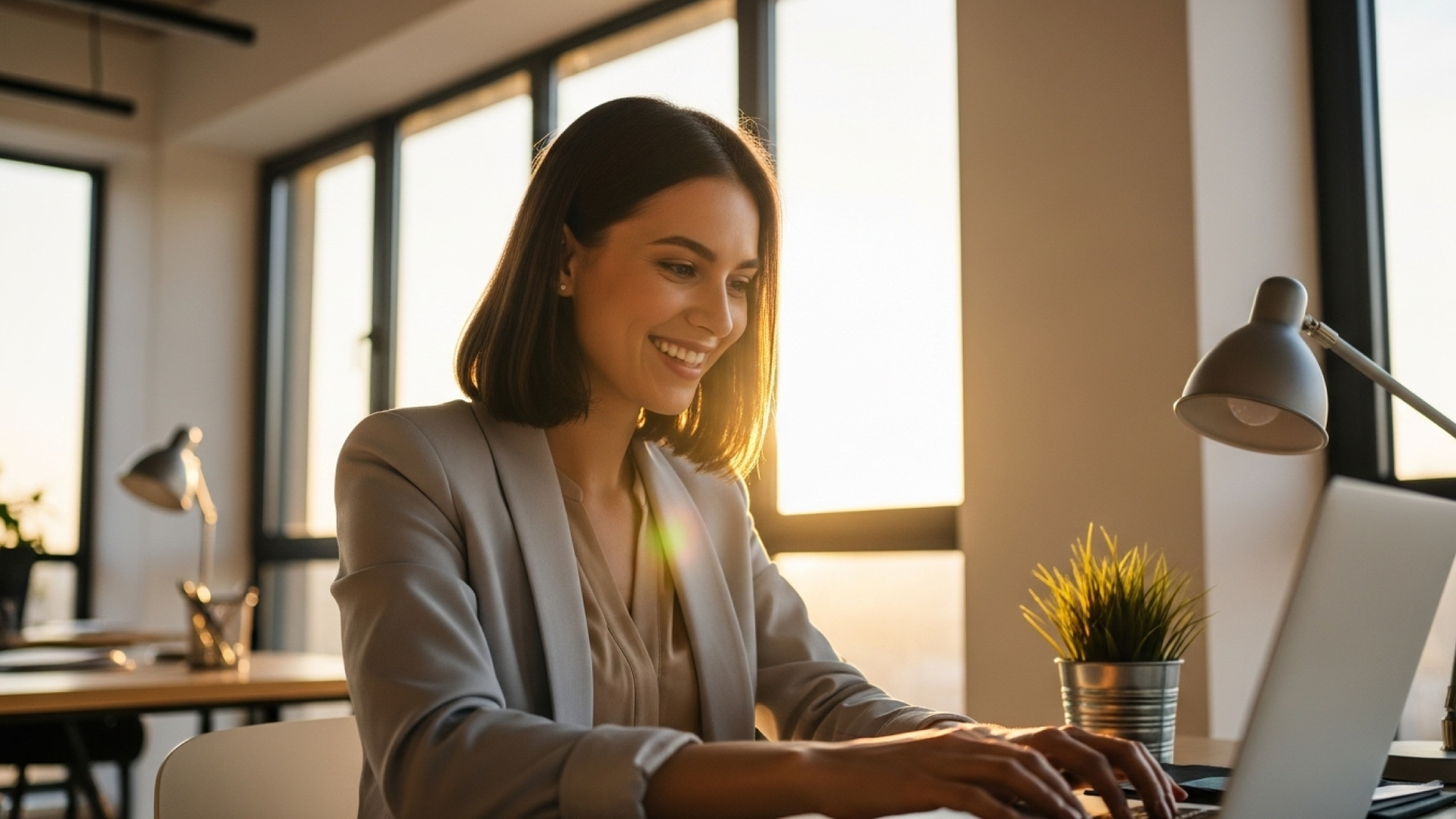 Woman wearing a blazer in an office, typing on a laptop.