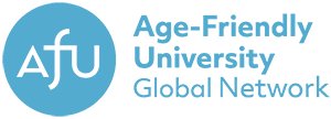 Age Friendly University blue and white logo
