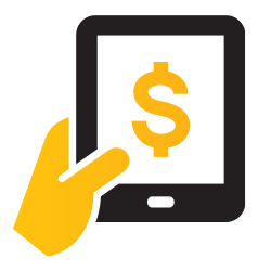 Gold hand holding black tablet computer with gold dollar sign on the screen