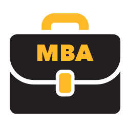 Black briefcase icon with gold handle and MBA in yellow text