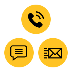 Three gold circles with black icons for phone, chat and email support.