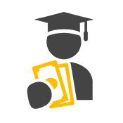 Illustration of student wearing grey graduation cap and gown and holding gold dollar bills